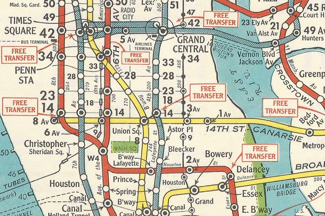 The Andrew Hagstrom design that was the Transit Authority's official map from 1943 to 1956. It emphasized geographical accuracy and colored lines by their former operating companies, IRT, BMT, and IND. <br/>